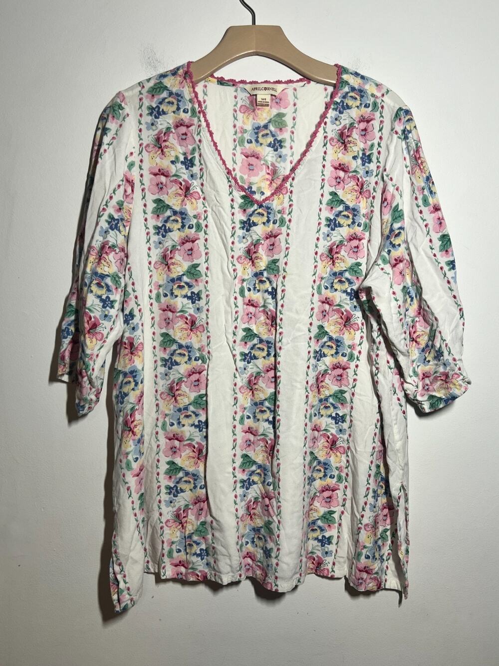April Cornell Plus EUC White Floral Print Rayon V-Neck Tunic Top Shirt W1 3X
